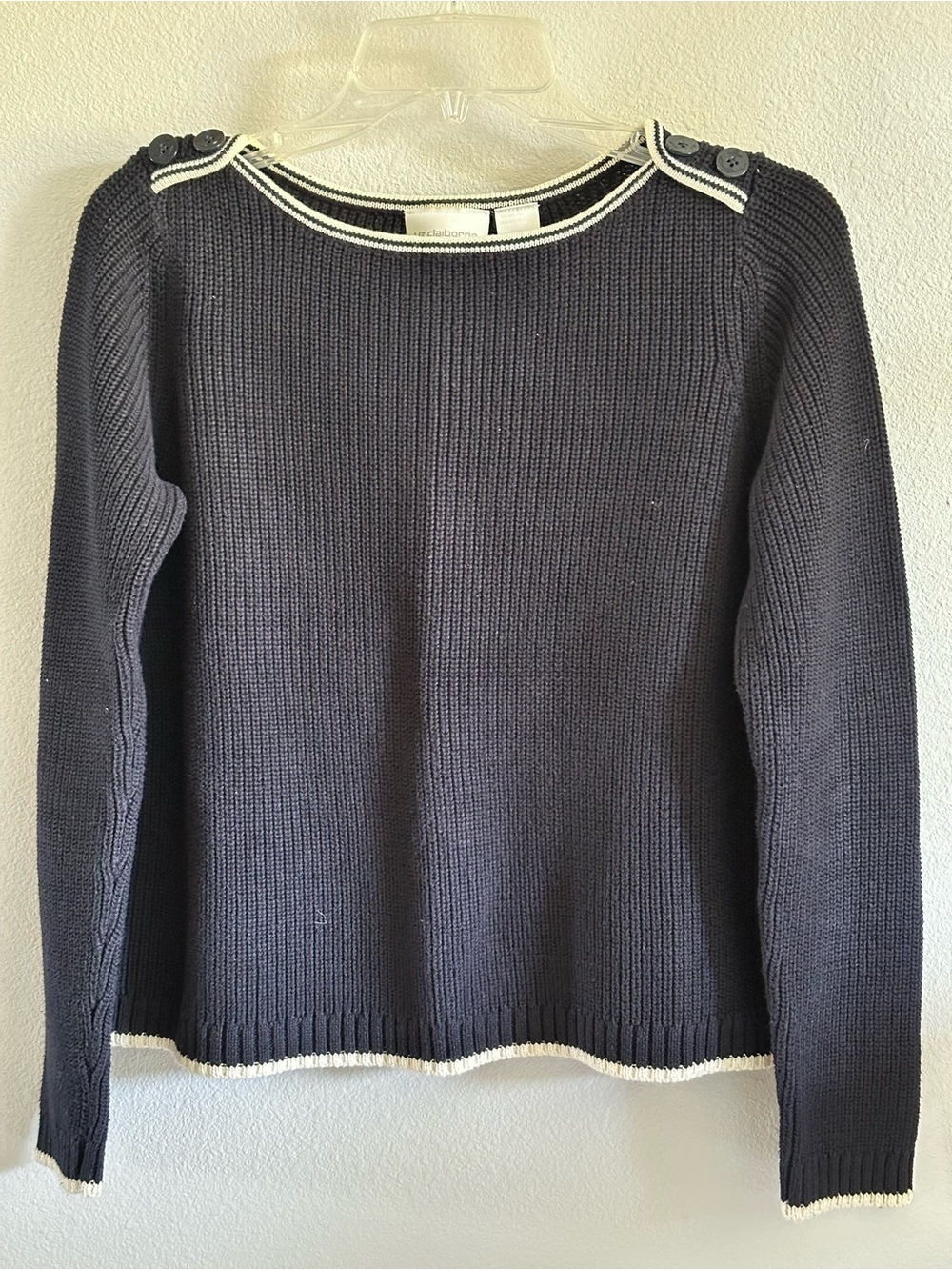 Classic Navy Boatneck Button-Shoulder Sweater size S oversized 100% cotton